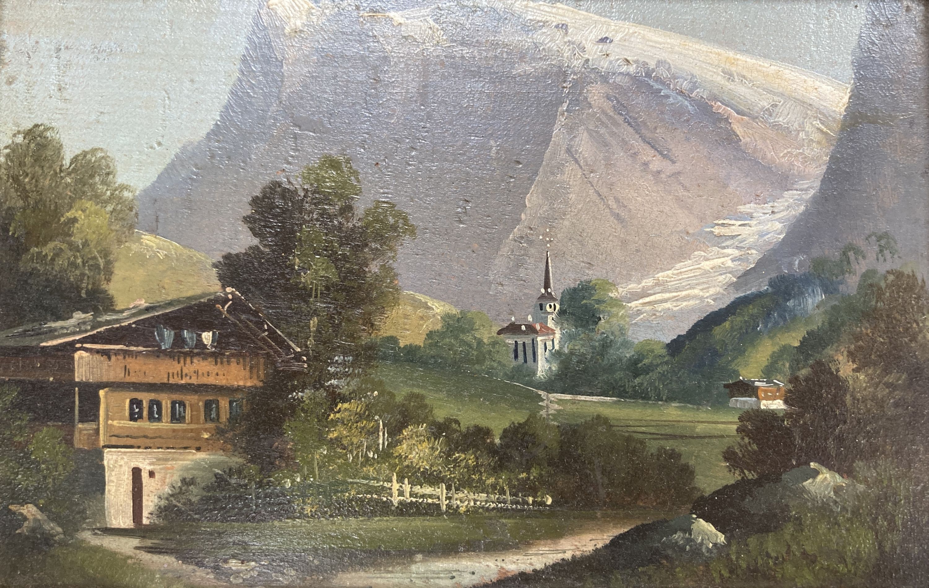 Austrian School, oil on panel, Alpine landscape, 10 x 16cm